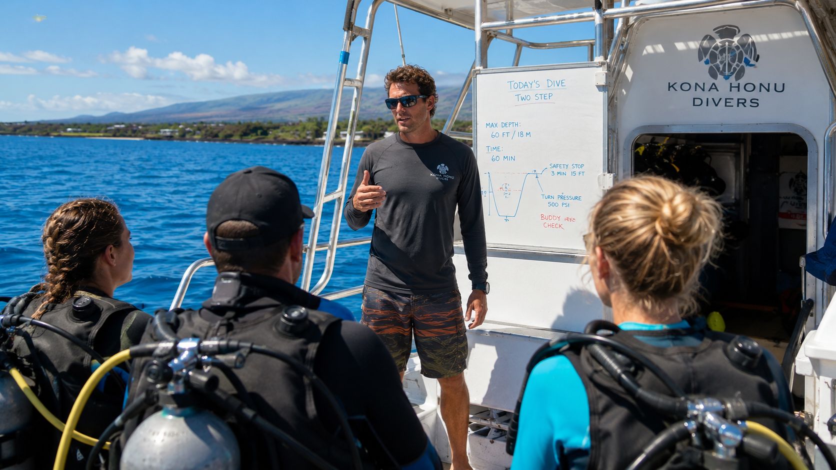 A scuba diving instructor briefing a small group of divers on a boat near the Hawaii coast.