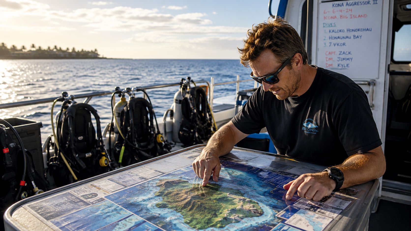 A scuba diving captain points to a map on a boat while preparing for dives in Hawaii.