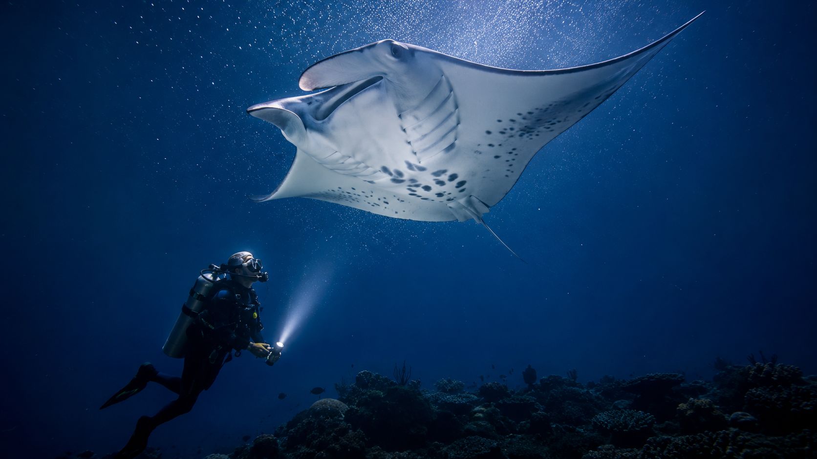 A scuba diver explores the deep blue ocean alongside a large, graceful manta ray gliding overhead.