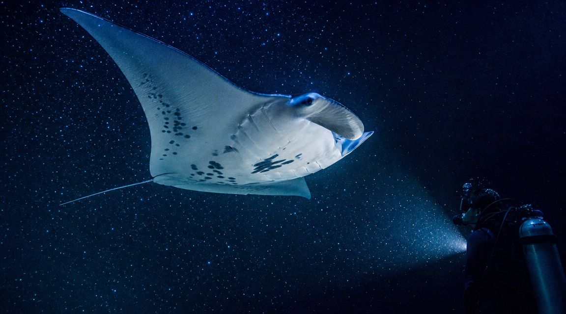 A scuba diver shines a flashlight on a graceful manta ray swimming in deep ocean waters at night.