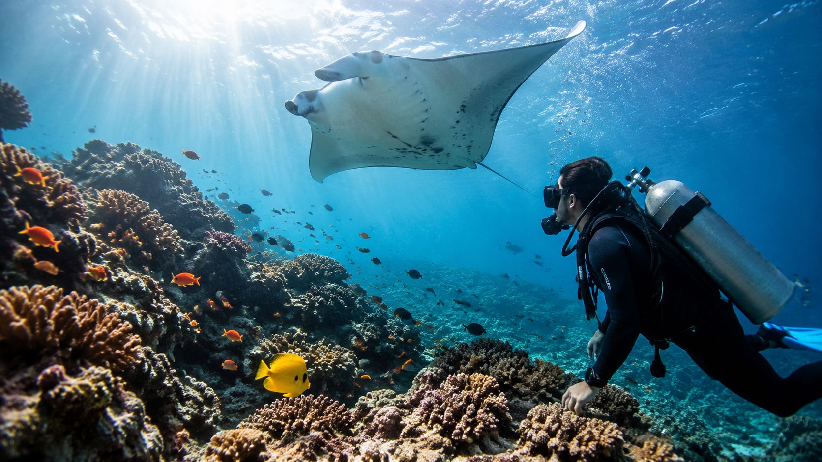 A scuba diver explores a vibrant coral reef near a large manta ray in clear blue water.
