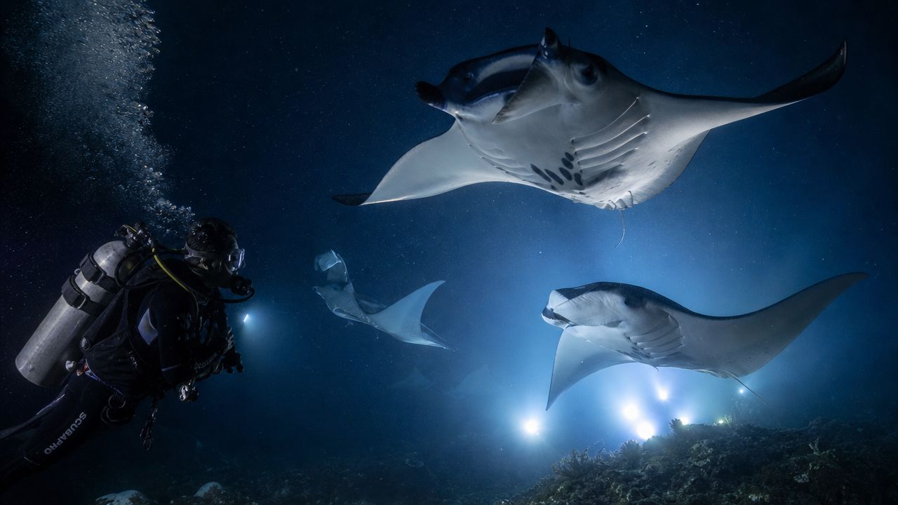 A scuba diver explores the dark ocean depths while illuminated by lights alongside three majestic manta rays.