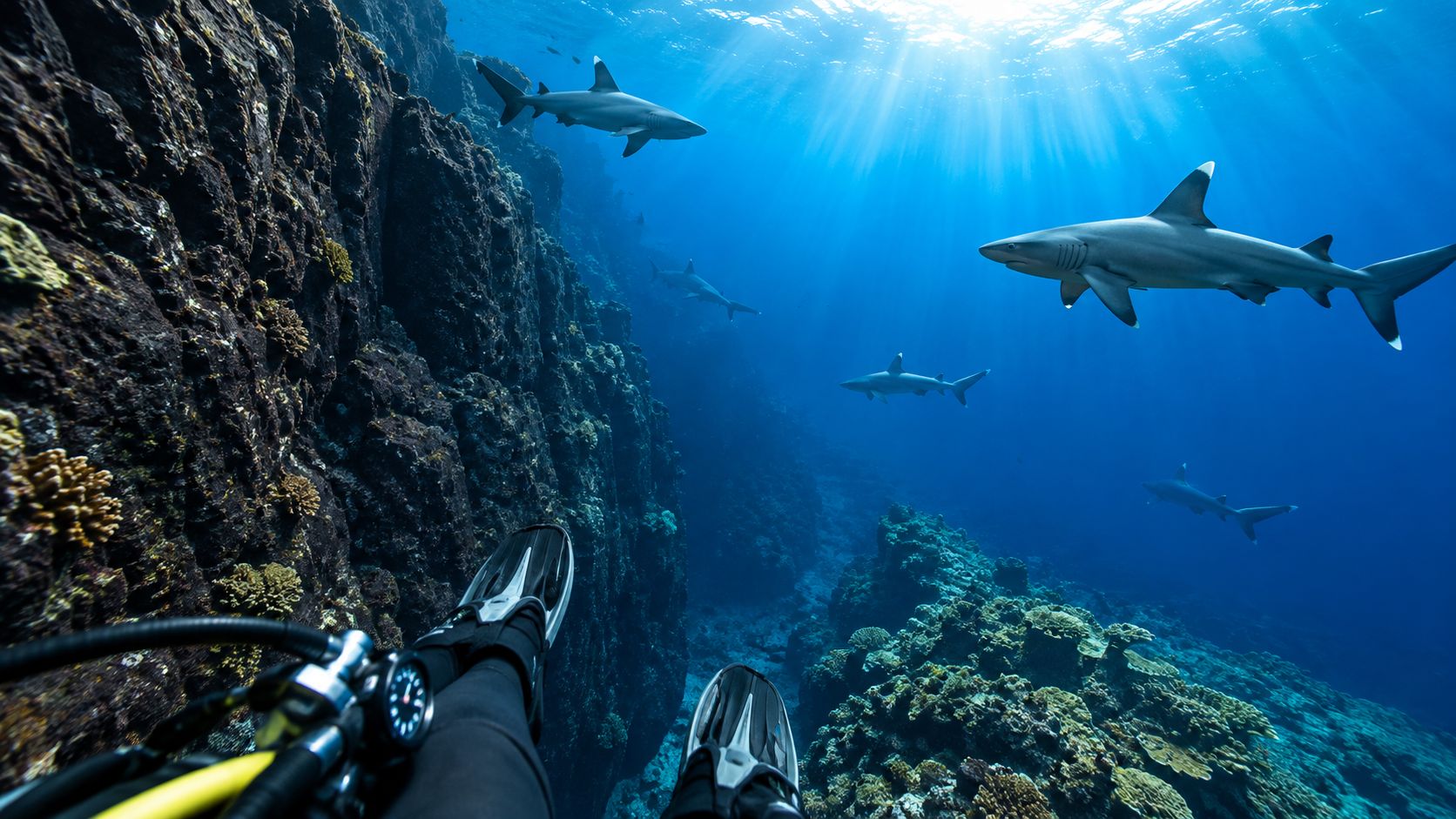 A scuba diver explores a deep reef wall while several reef sharks swim in the surrounding blue water.