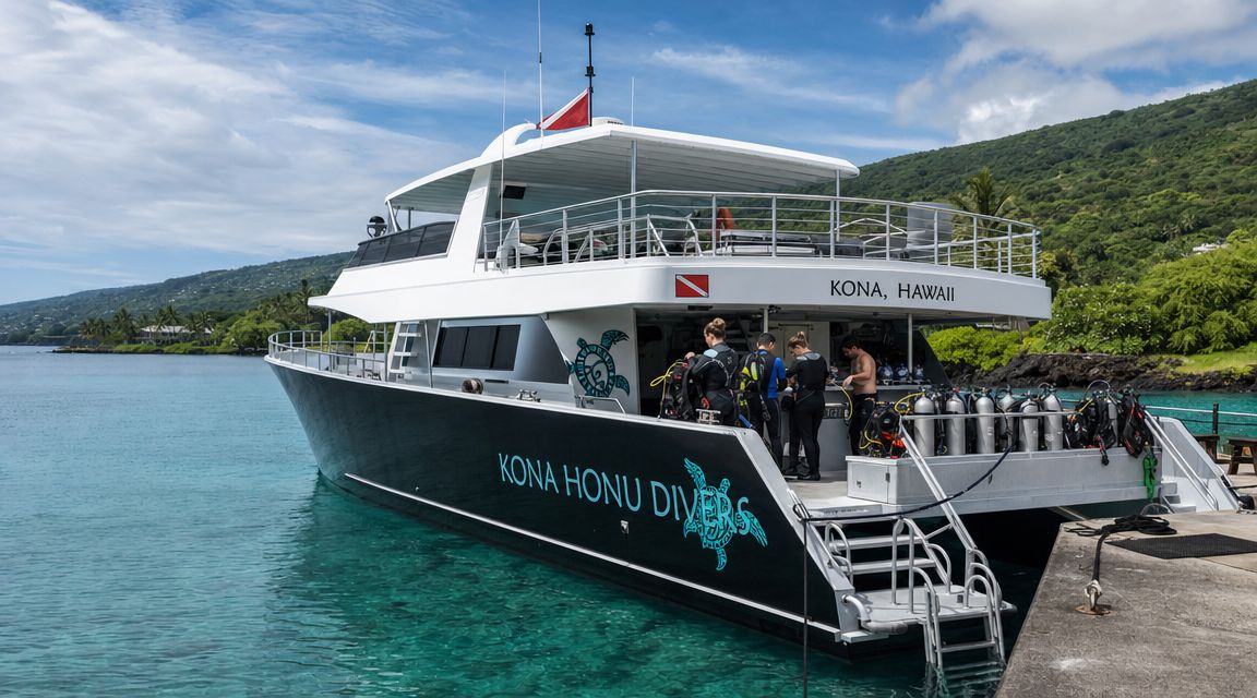 A Kona Honu Divers catamaran docked in Hawaii with divers preparing their gear for scuba diving.