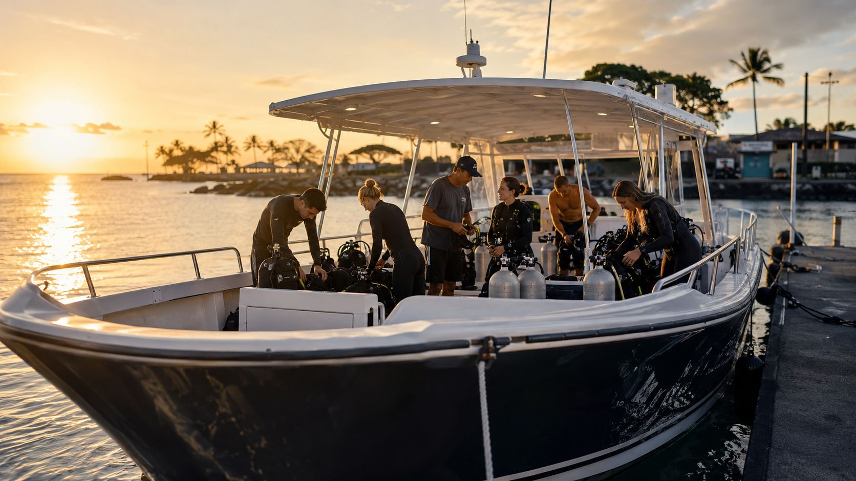 A group of divers preparing their equipment on a boat during a beautiful sunset in Hawaii.