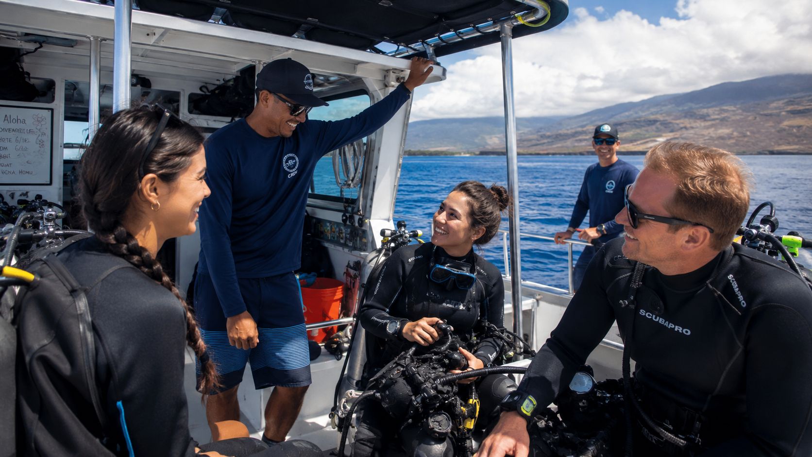 Scuba diving crew members talking to customers on a boat off the coast of the Big Island.