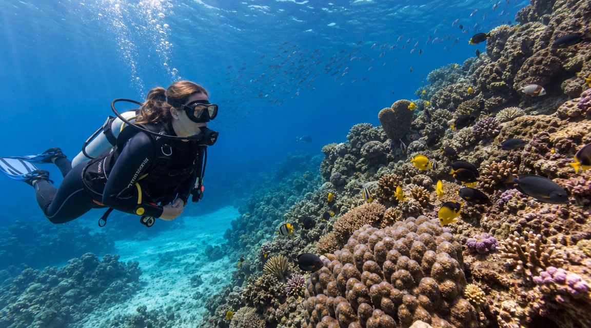 A scuba diver swimming gracefully over a vibrant coral reef filled with colorful tropical fish underwater.