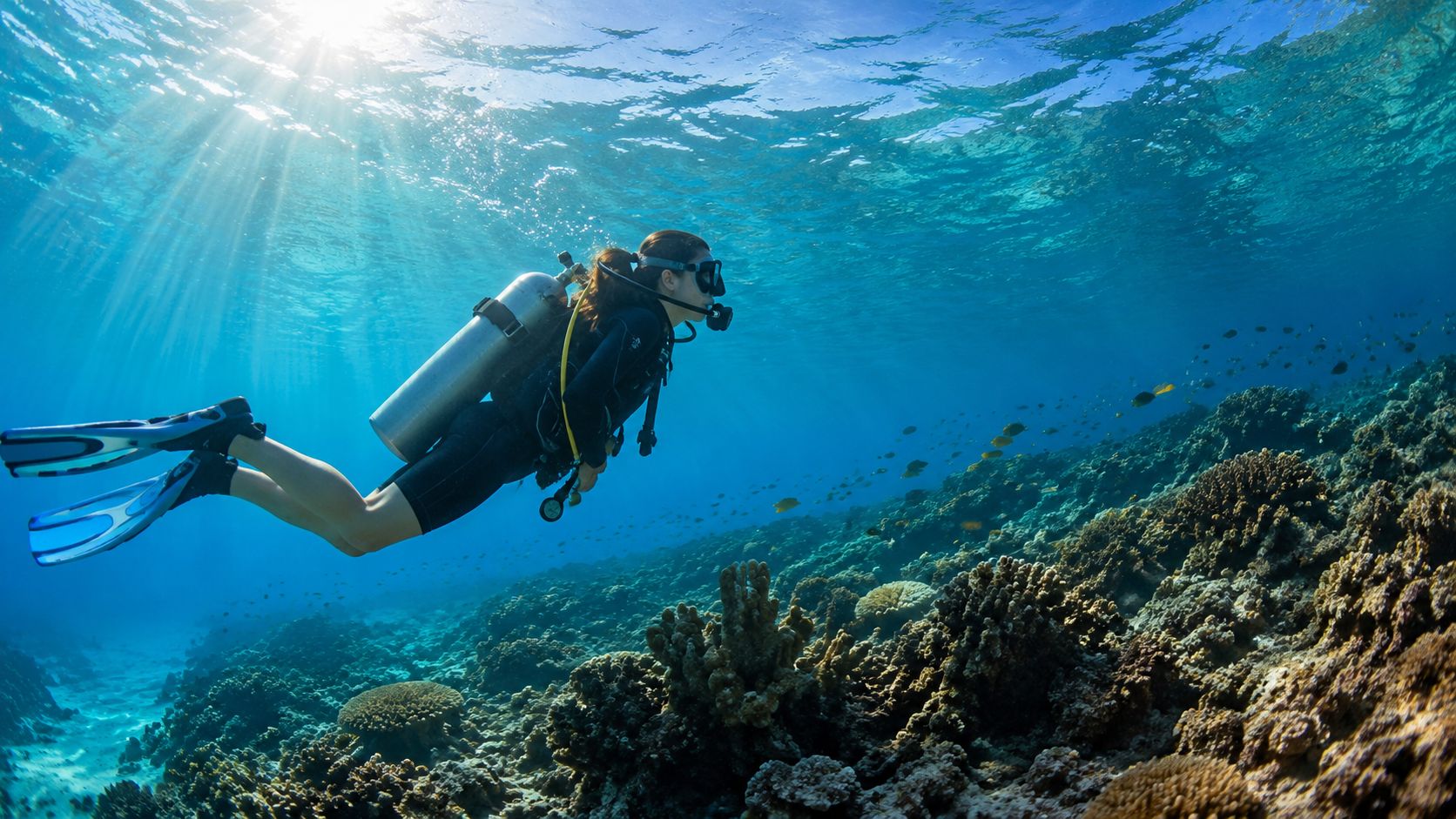 A scuba diver explores a vibrant coral reef in the crystal clear tropical waters of the ocean.