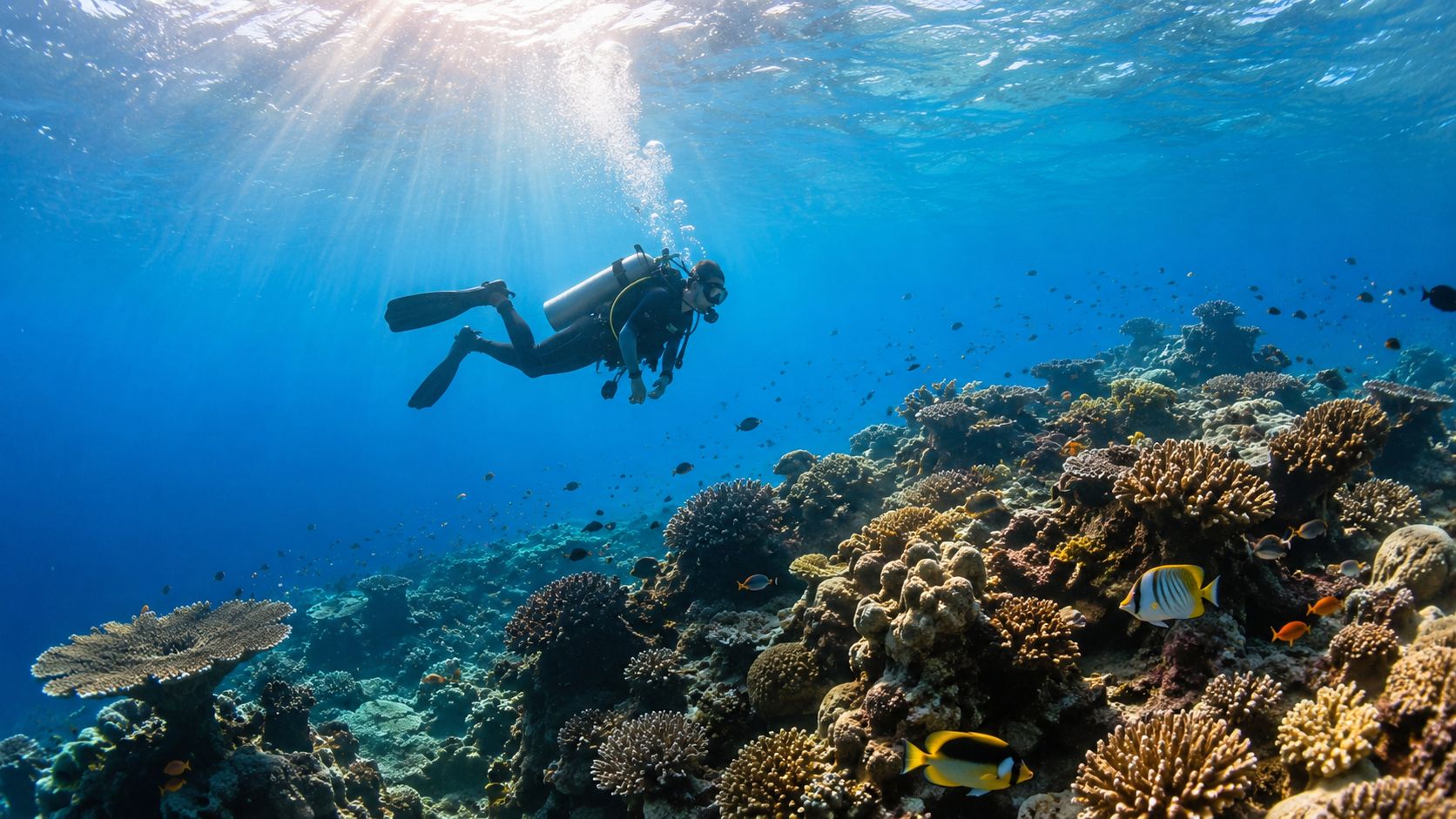 A scuba diver swimming gracefully over a vibrant coral reef filled with colorful tropical fish in clear water.