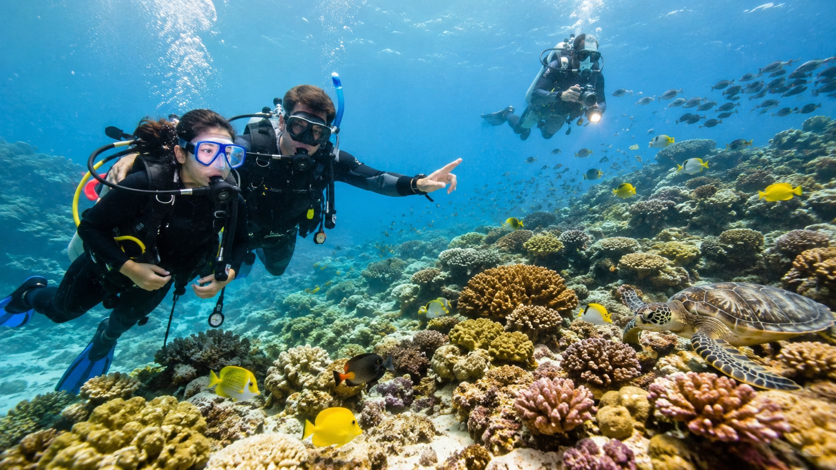 Scuba divers exploring a vibrant coral reef filled with colorful tropical fish and a sea turtle.