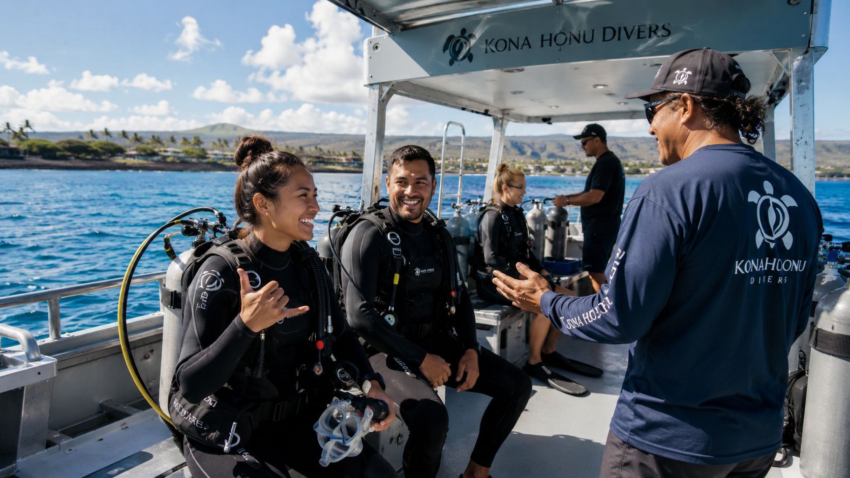 Scuba divers in wetsuits and gear talking and smiling on a Kona Honu Divers boat in Hawaii.