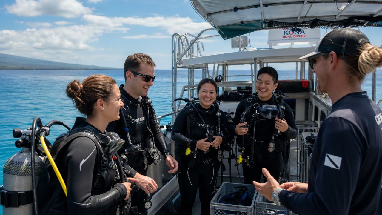 A diverse group of scuba divers in wetsuits listening to a crew member on a Kona dive boat.