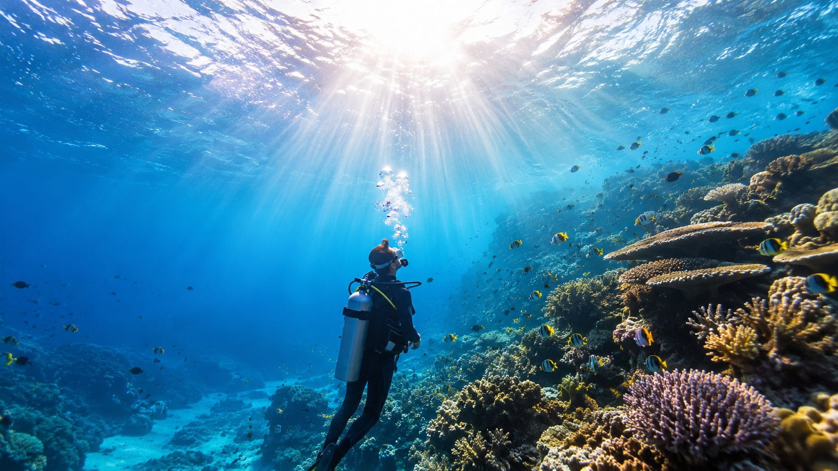 A scuba diver swimming past vibrant coral reefs in the clear, sunlit ocean water near the Big Island.