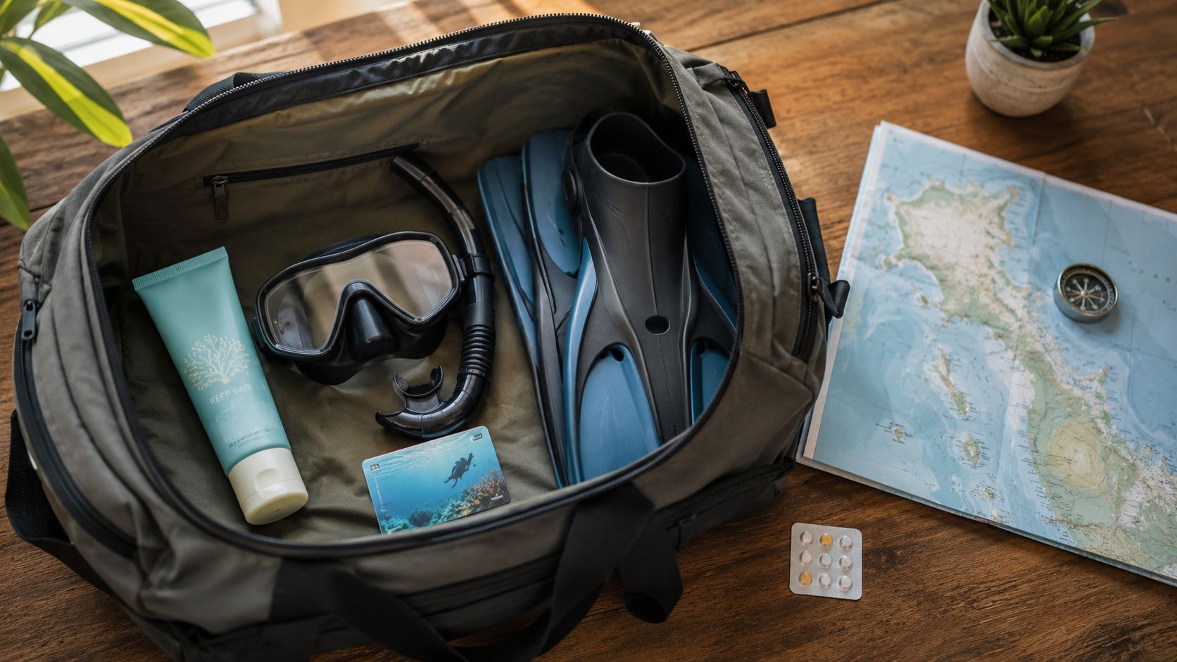 A travel bag containing scuba diving gear, including a mask, snorkel, fins, sunscreen, and a certification card.