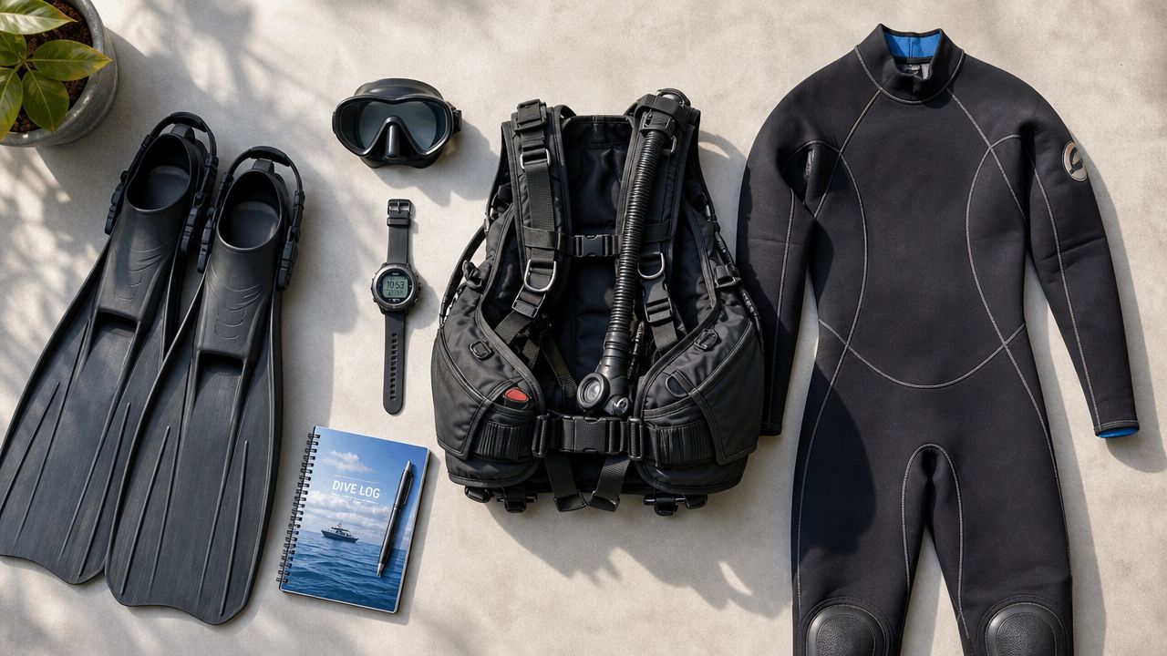 An overhead view of black scuba diving equipment laid out on a light gray surface.