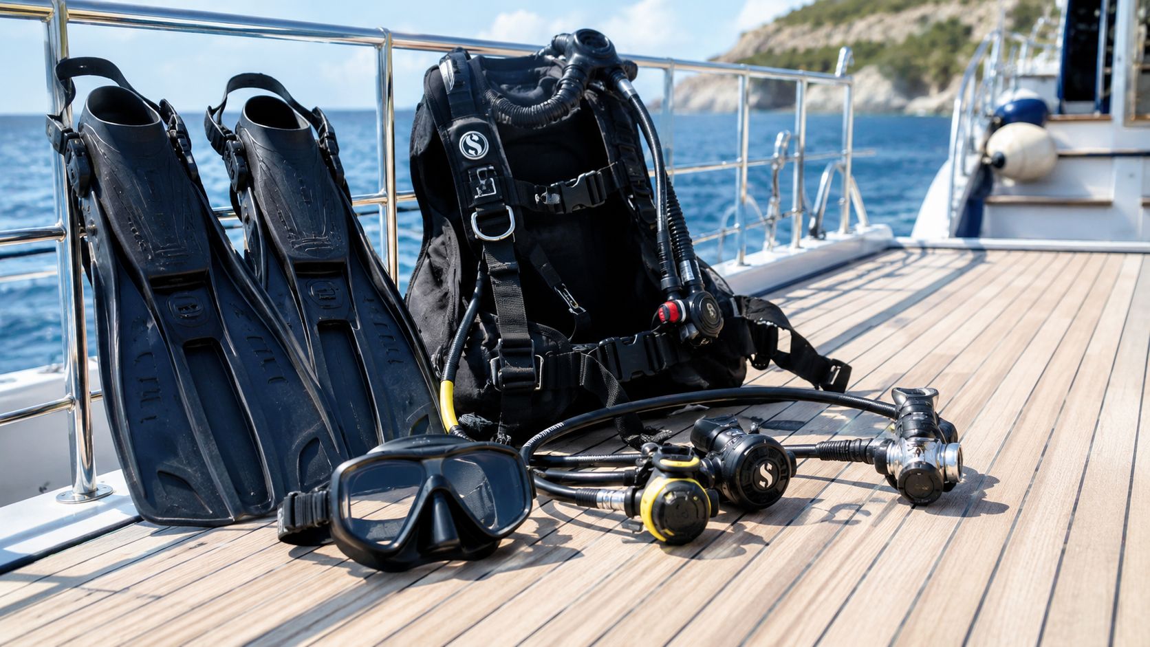 Scuba diving equipment including fins, a buoyancy control device, and regulators resting on a yacht deck.
