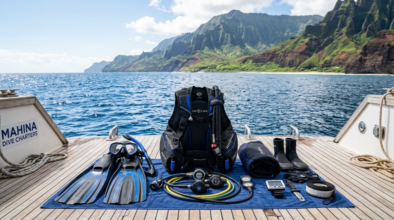 Scuba diving equipment arranged on a boat deck with a scenic tropical mountain coastline in the background.