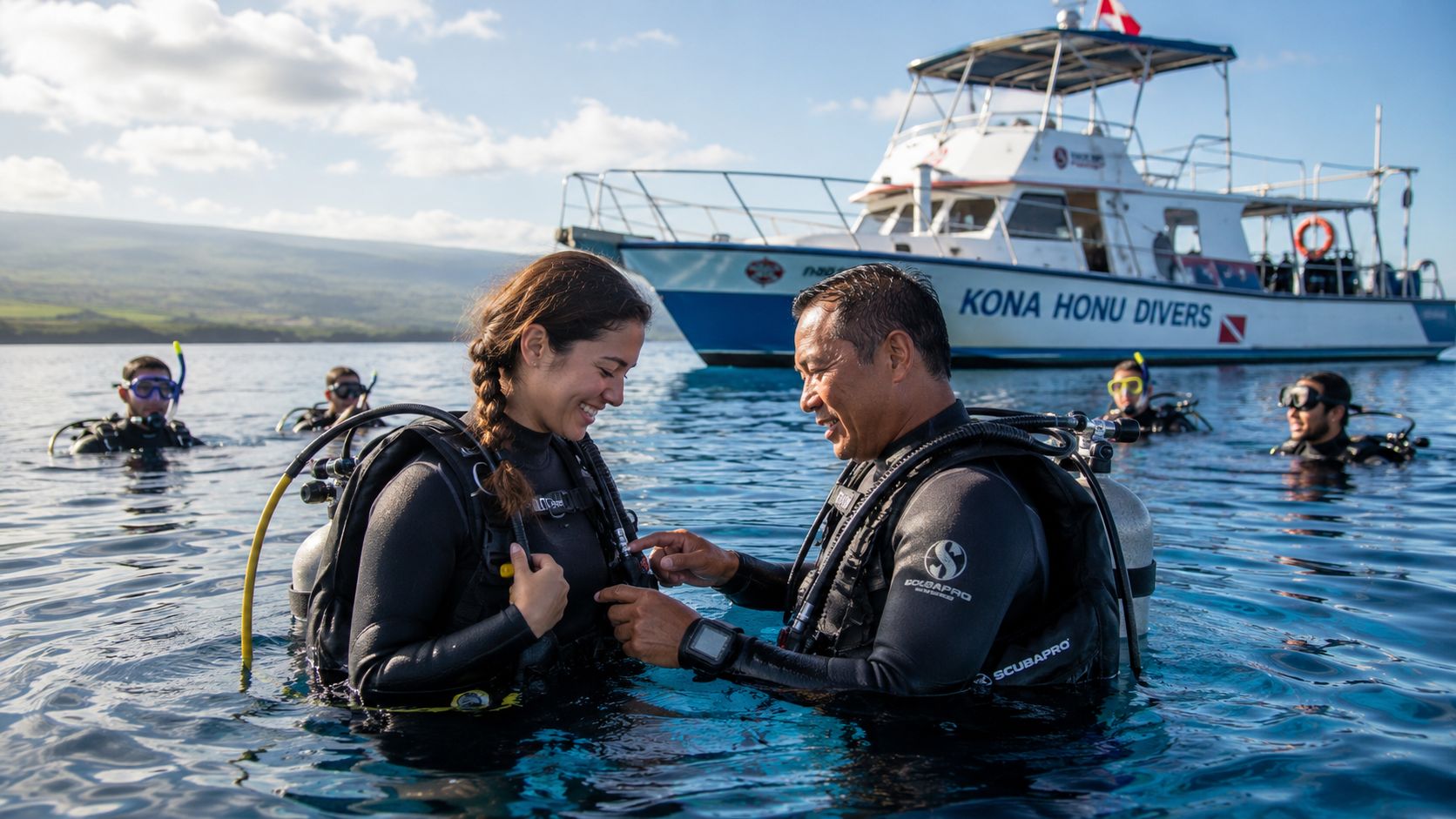 An instructor helps a woman prepare her scuba diving gear in the ocean near a boat.