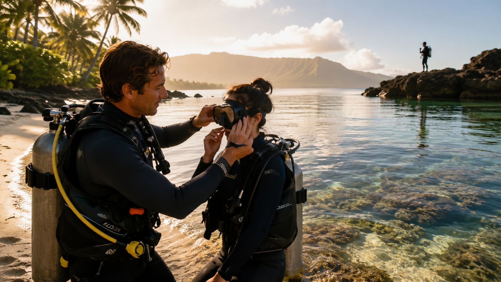 A scuba instructor helps a woman adjust her diving mask on a sandy beach during sunset.
