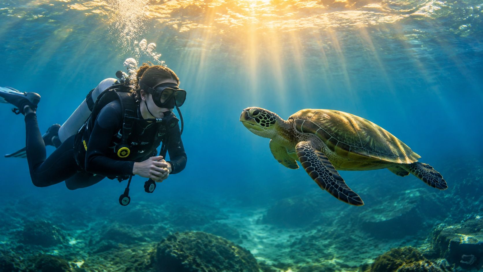 A scuba diver swimming underwater alongside a large green sea turtle in the clear blue ocean.