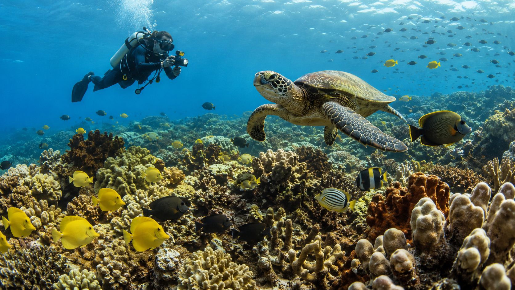 A scuba diver photographing a large green sea turtle swimming over a vibrant tropical coral reef.