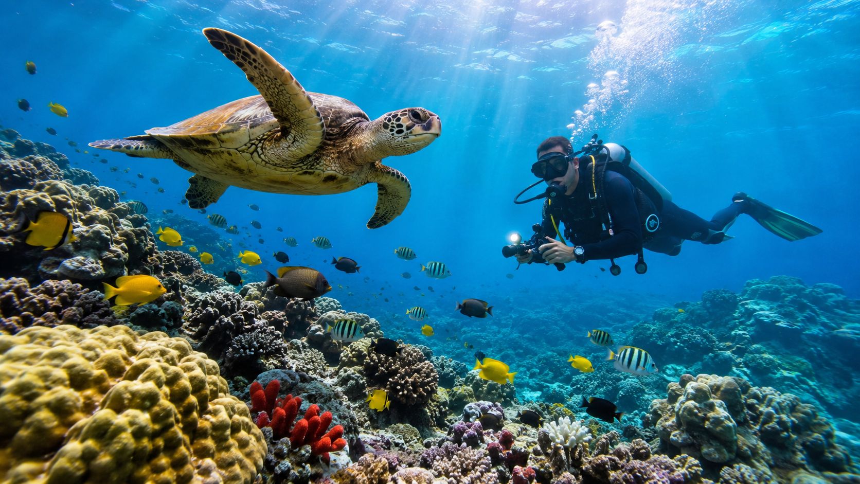A scuba diver photographing a large sea turtle amidst colorful coral reefs and tropical fish underwater.