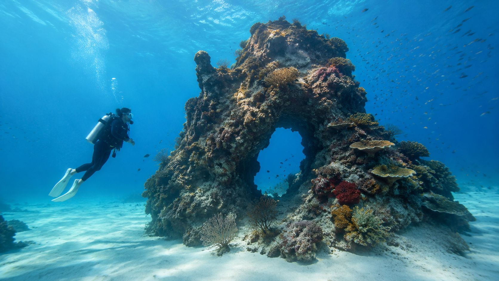 A scuba diver explores a large, colorful coral reef archway underwater in clear blue ocean water.