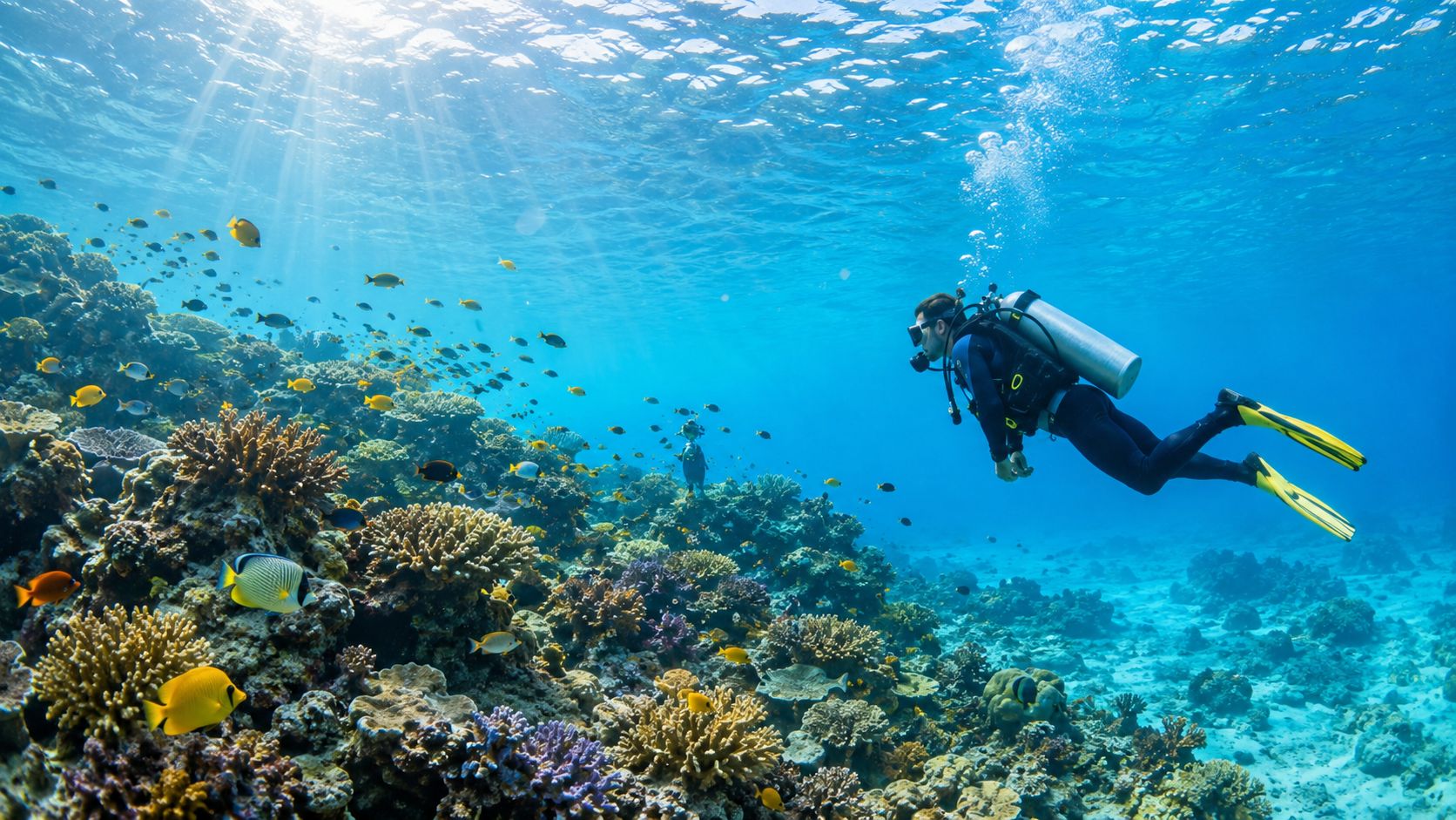 A scuba diver explores a vibrant coral reef filled with colorful tropical fish under bright sunlight.