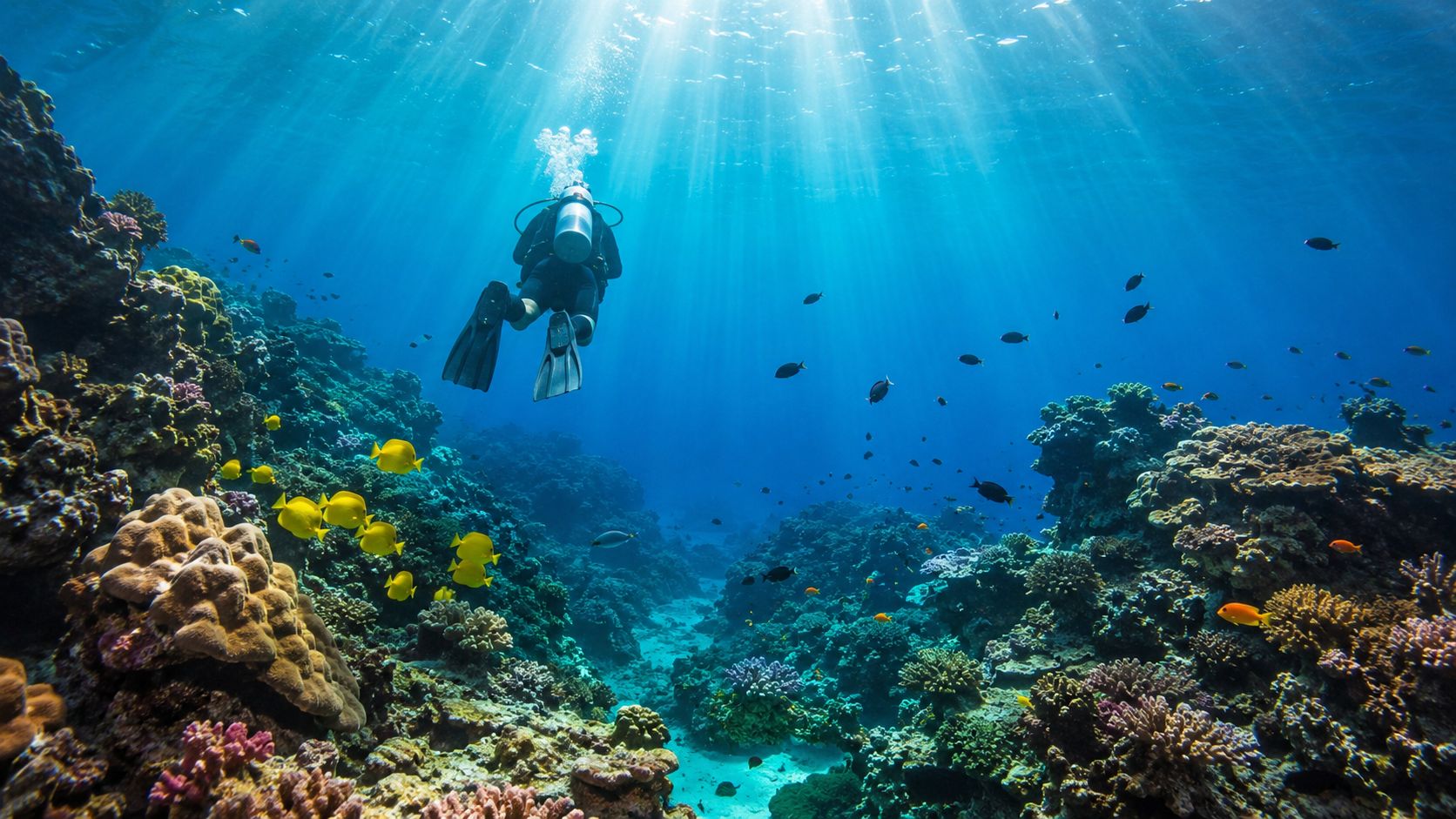A scuba diver explores a vibrant coral reef teeming with colorful tropical fish under sunlit water.