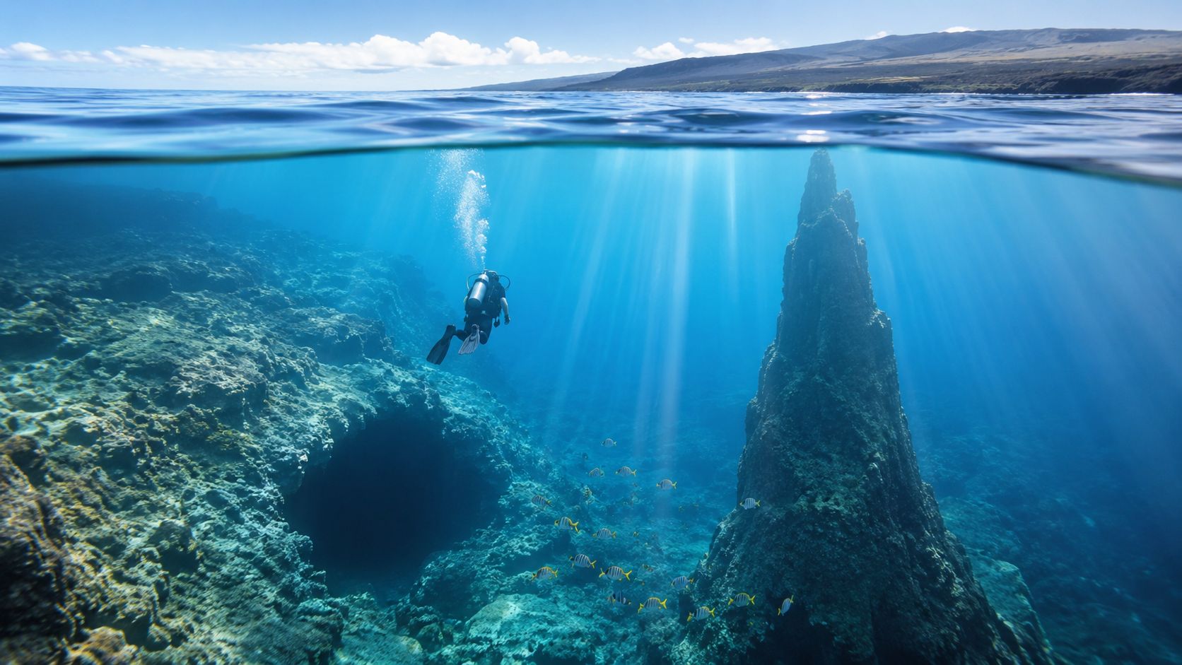 A scuba diver swims near an underwater rock pinnacle and a cave off the Big Island coast.
