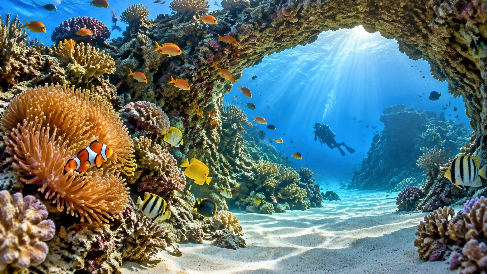 A scuba diver explores a vibrant coral reef filled with colorful tropical fish under the bright ocean surface.