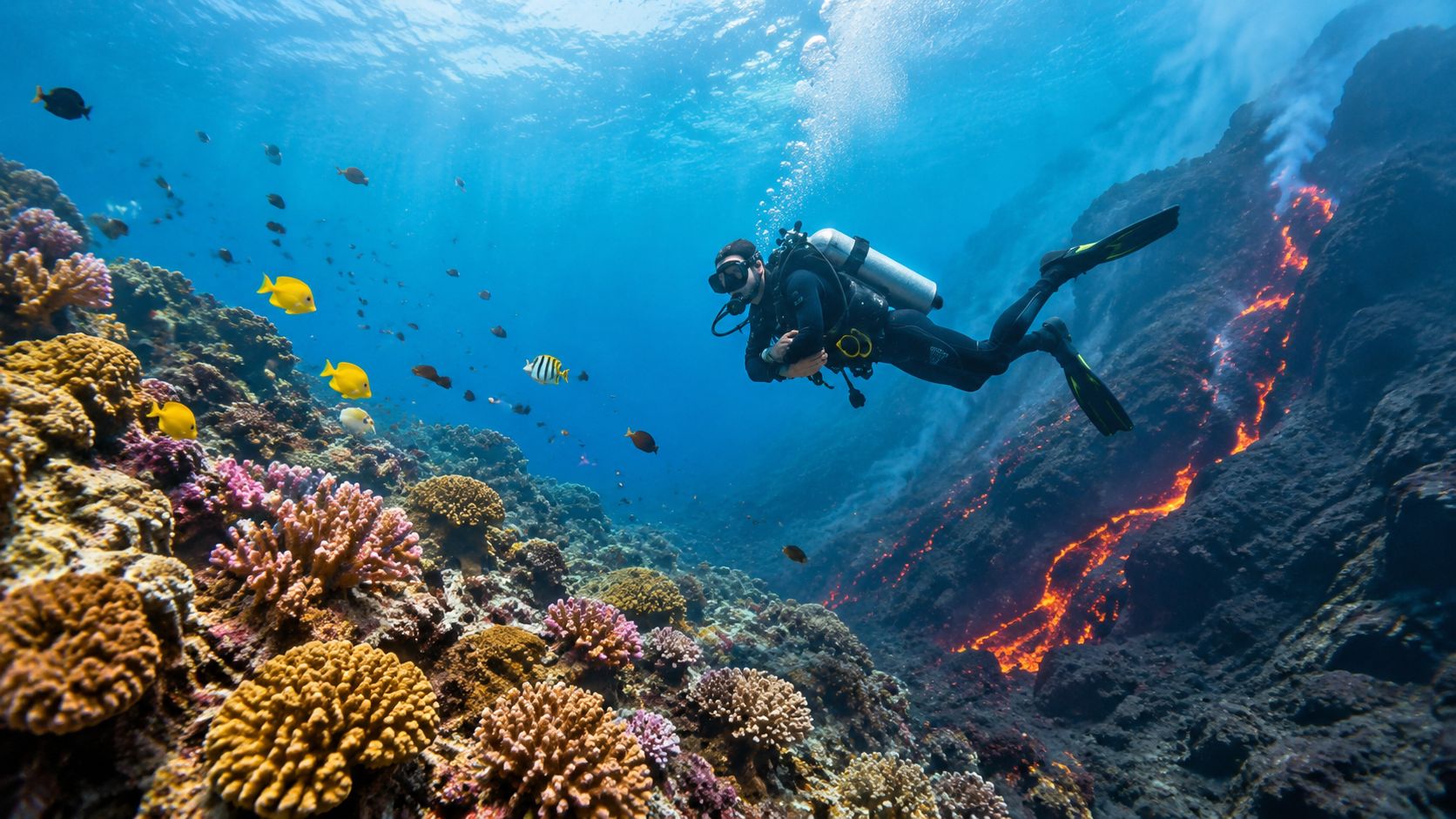 A scuba diver explores a vibrant coral reef adjacent to an underwater volcanic lava flow.