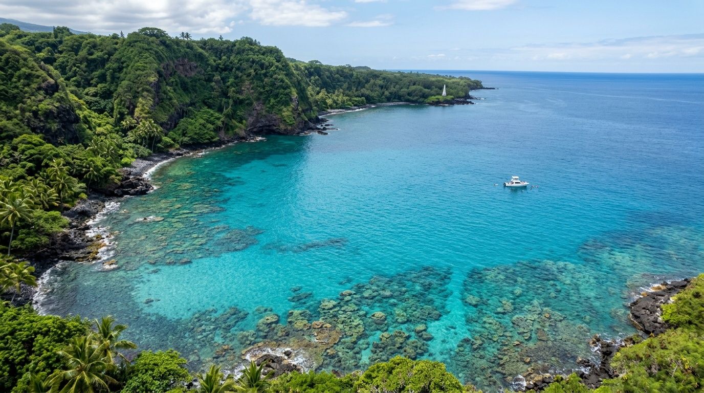 An aerial view of the turquoise waters at Kealakekua Bay with a boat for snorkeling in Hawaii.