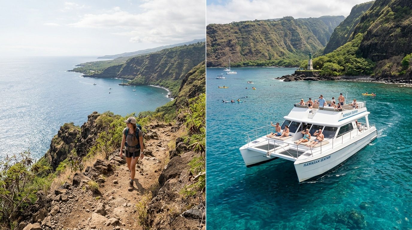 A hiker on a coastal trail and tourists on a catamaran boat exploring the waters of Kealakekua Bay.
