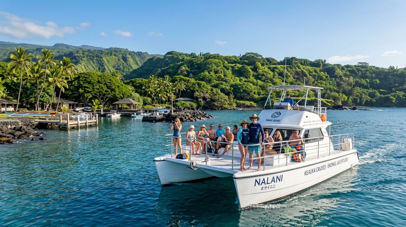 A group of people standing on a white snorkeling catamaran boat near the coast of Hawaii.