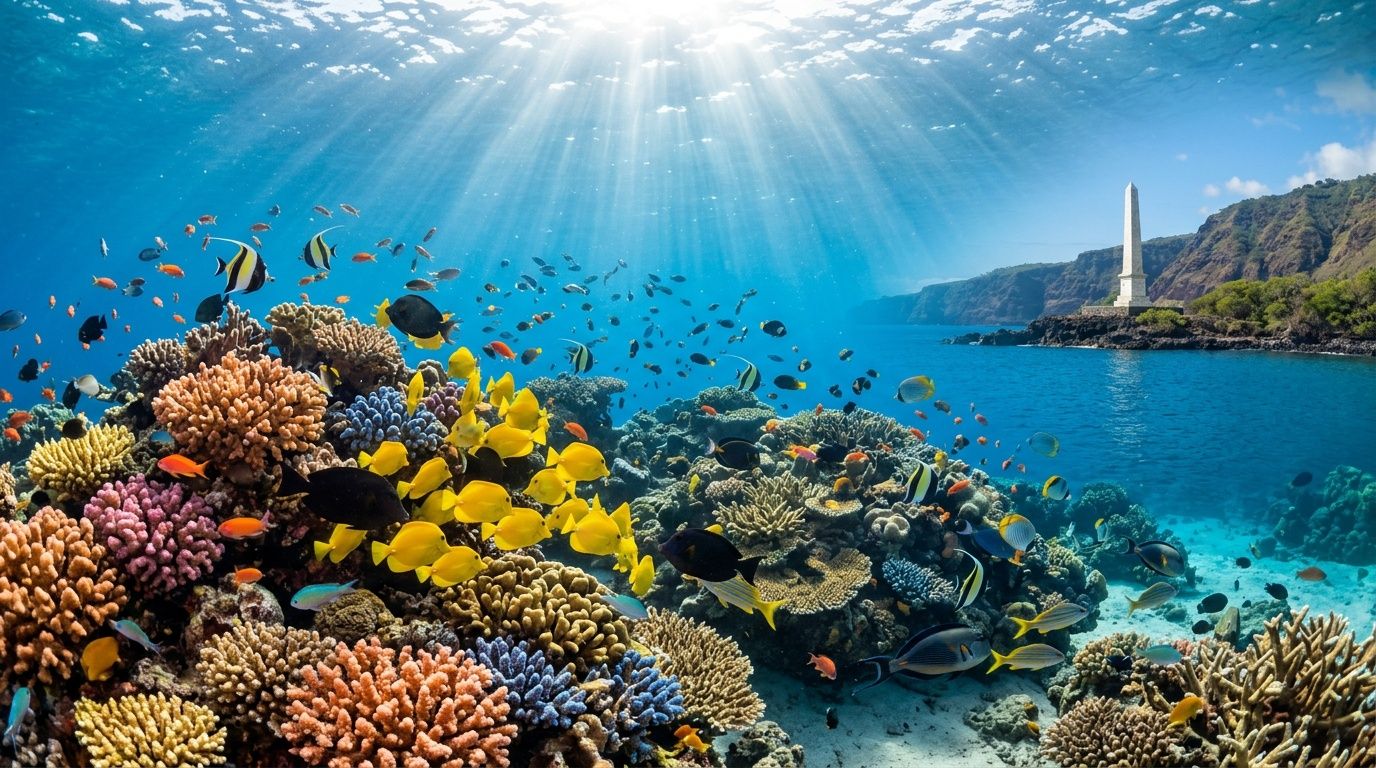 Vibrant coral reef scene with colorful tropical fish swimming near the Captain Cook monument in Hawaii.