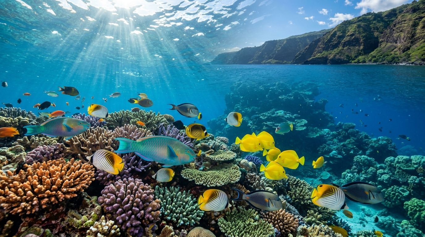 A vibrant underwater scene with colorful tropical fish swimming over a healthy coral reef in Hawaii.