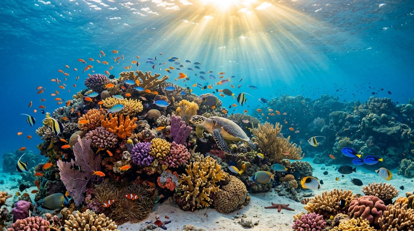 A vibrant coral reef ecosystem teeming with colorful tropical fish and a sea turtle swimming underwater.