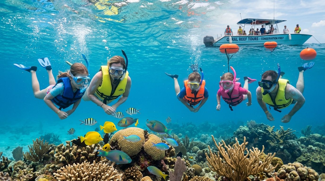 A family wearing snorkeling gear explores a colorful coral reef under the tropical ocean water.
