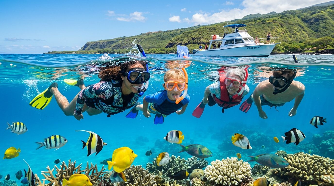 A diverse group of people snorkeling in clear blue water with colorful tropical fish near a boat.
