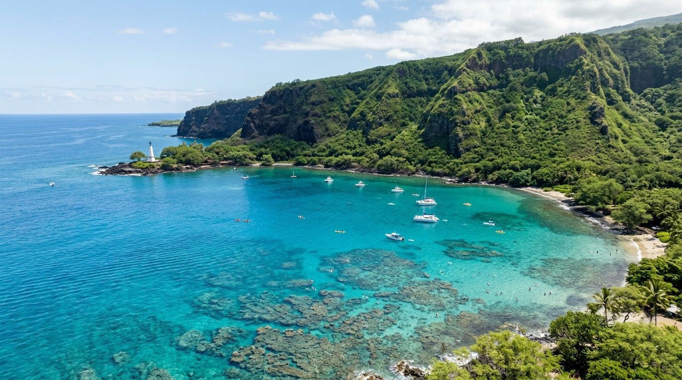 An aerial view of the turquoise waters at Kealakekua Bay, home to the Captain Cook monument in Hawaii.