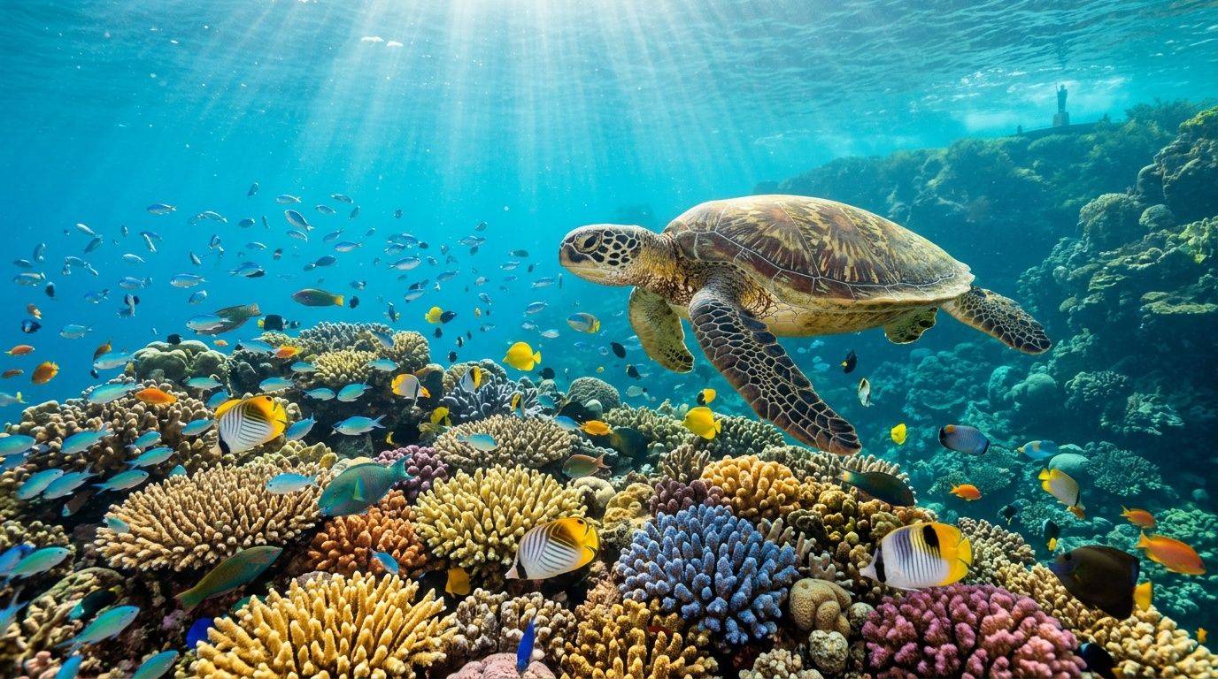 A majestic green sea turtle swims gracefully above a vibrant coral reef teeming with colorful tropical fish.