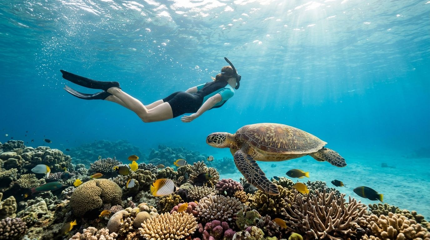 A snorkeler swims near a sea turtle over a colorful coral reef in the ocean.