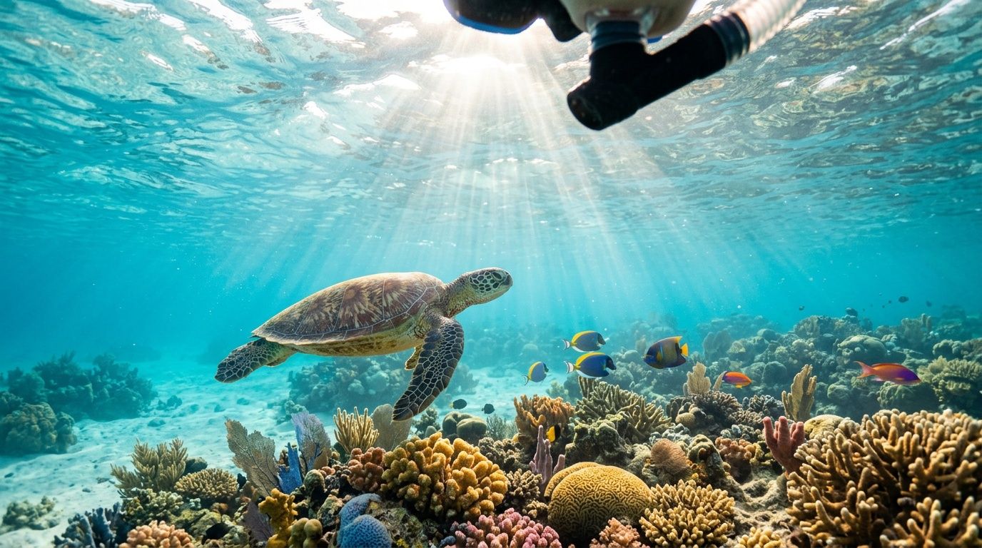 A sea turtle swimming near a colorful coral reef with a snorkeler floating above in clear water.