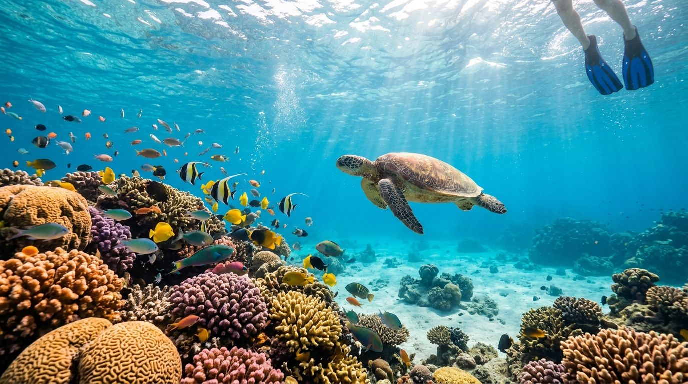 A sea turtle swims gracefully near a vibrant coral reef teeming with colorful tropical fish while snorkeling.