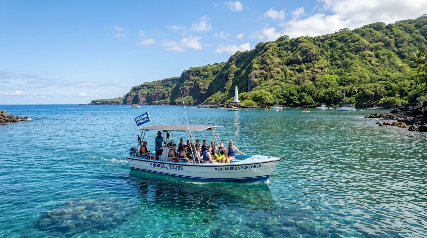 A snorkel tour boat carrying passengers through the turquoise waters of Kealakekua Bay near Captain Cook monument in Hawaii.