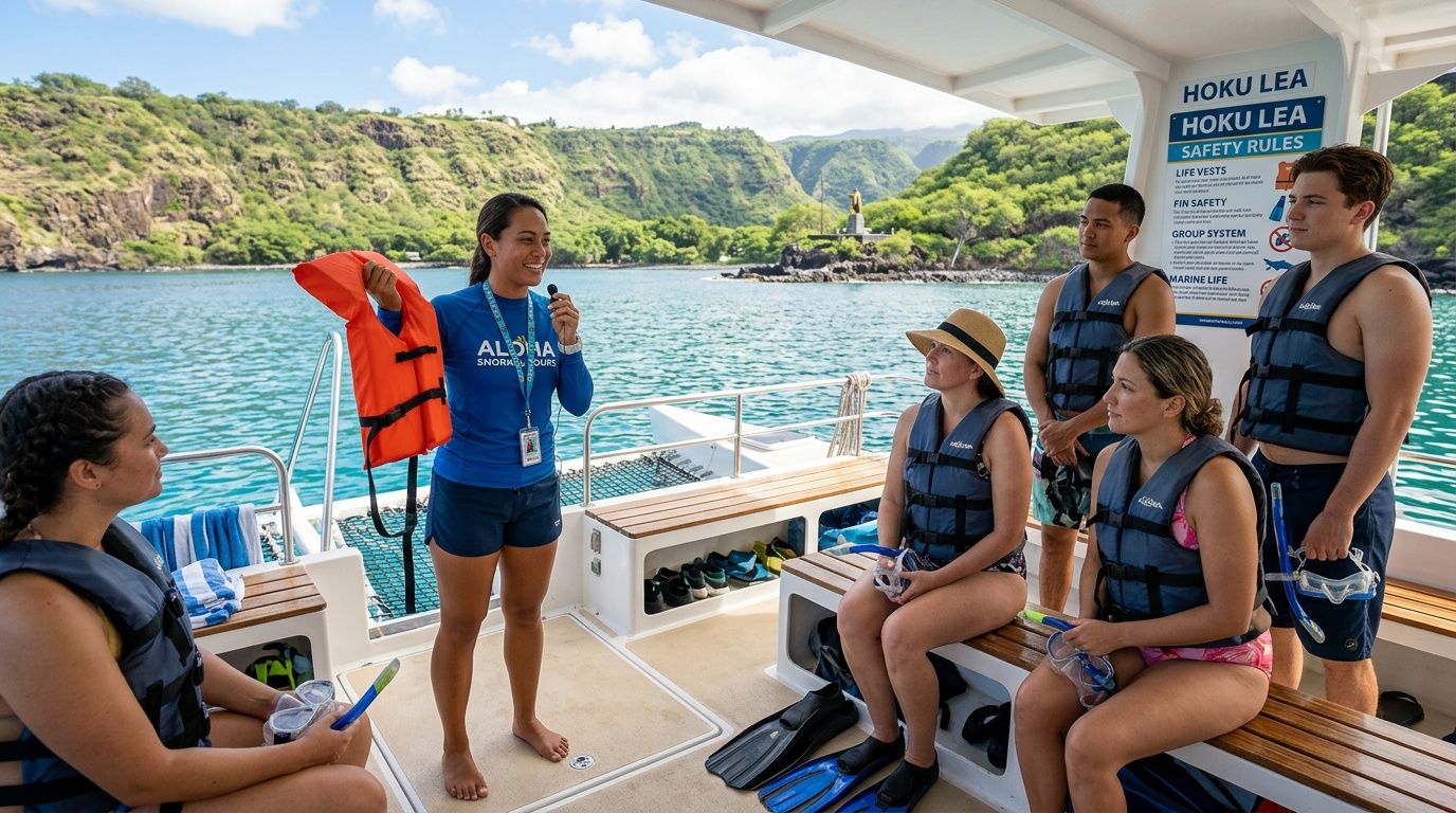 A snorkel tour guide explains safety equipment to a group of guests on a boat in Hawaii.