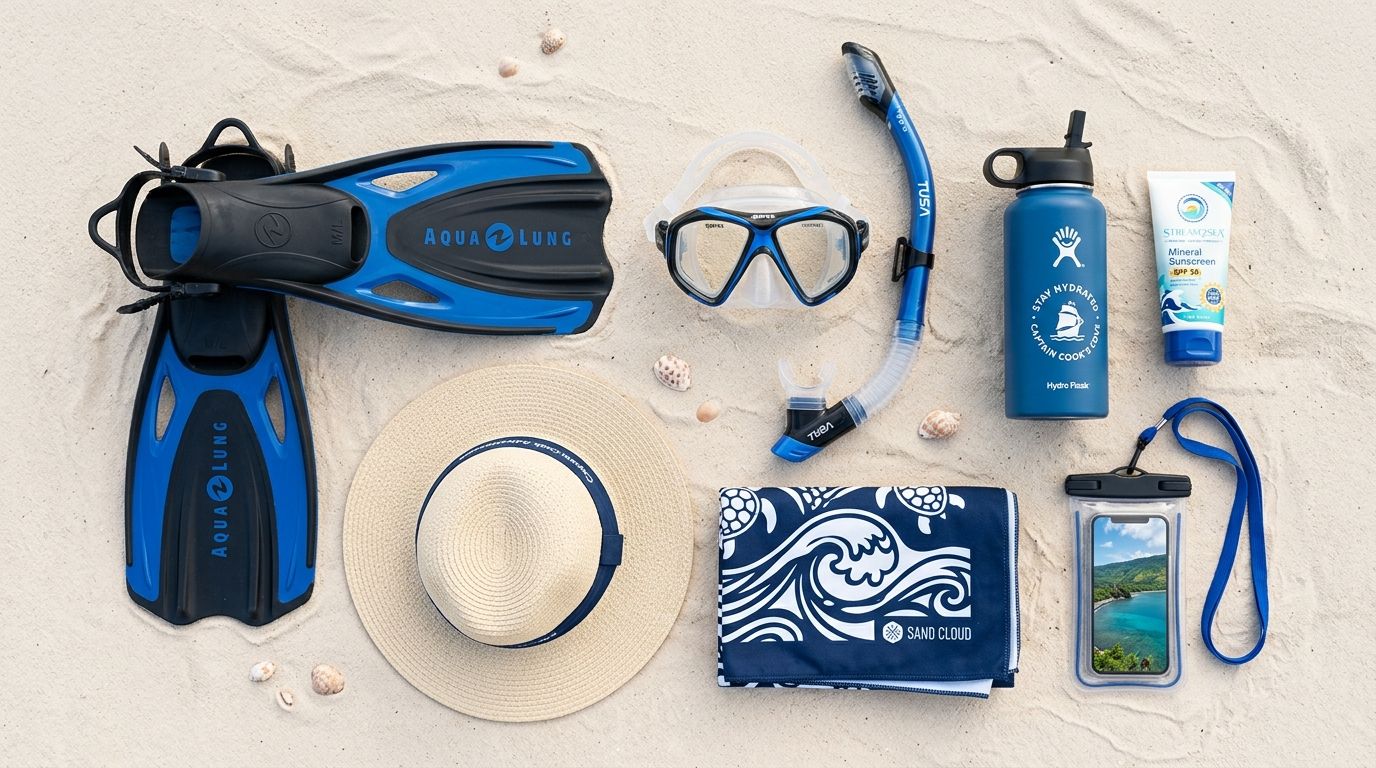 An overhead view of snorkeling gear, a hat, towel, and sunscreen laid out on white sand beach.