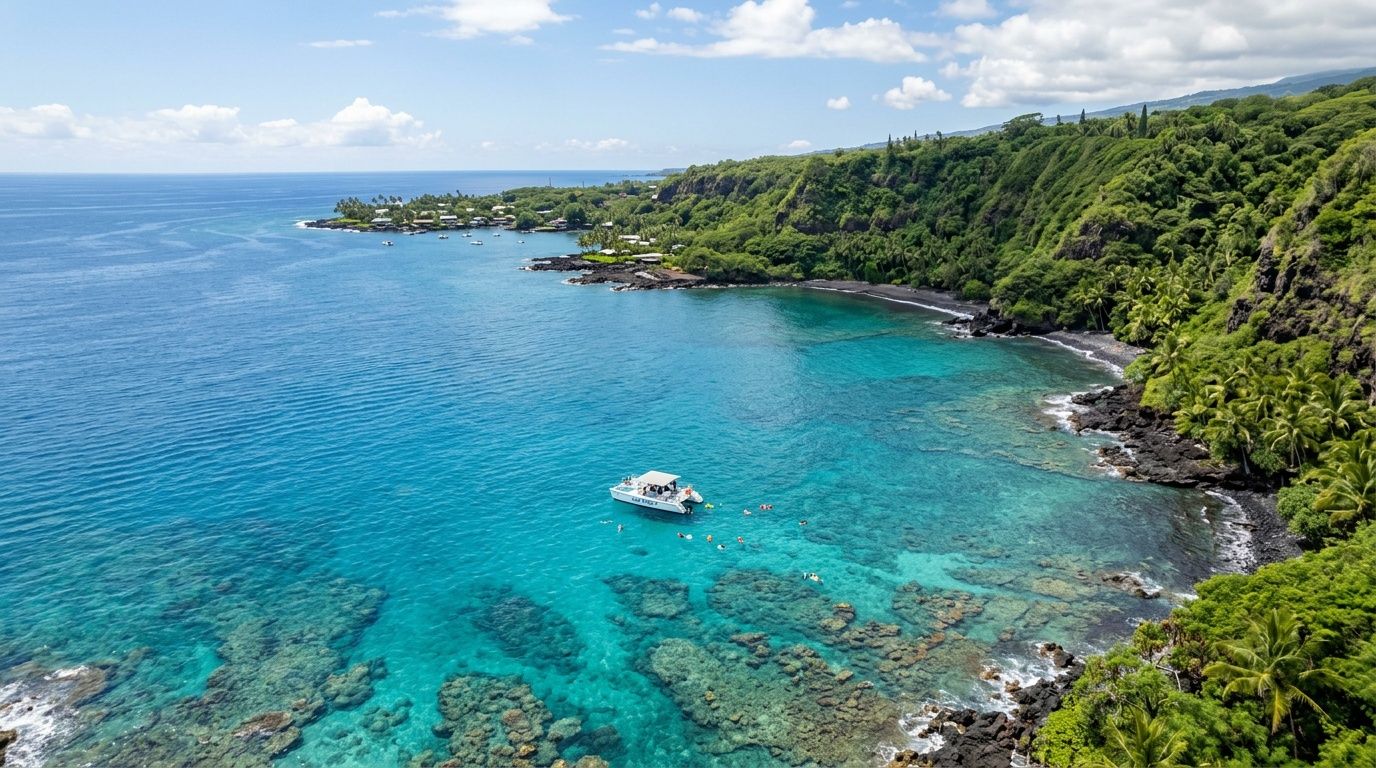 A scenic aerial view of people snorkeling near a white boat in the turquoise waters of Captain Cook, Hawaii.