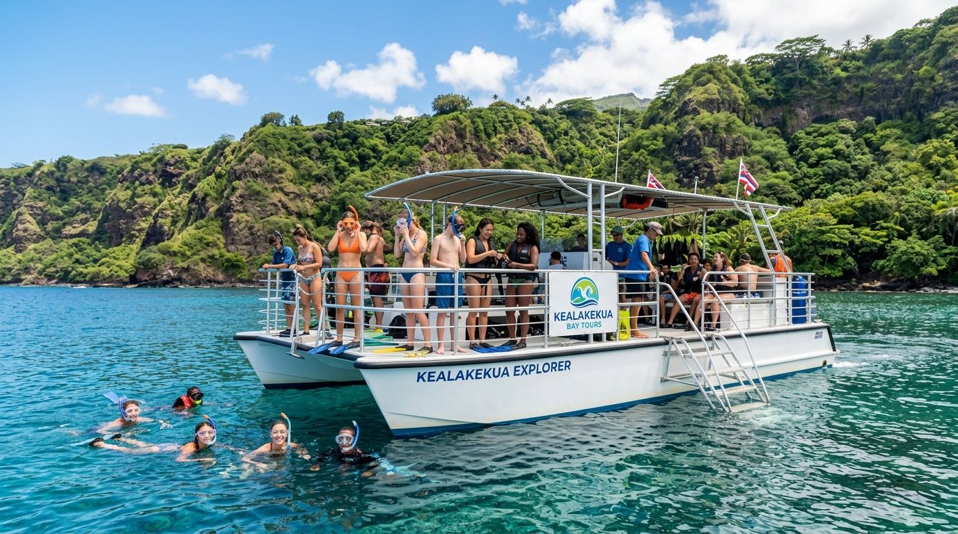 A group of people snorkeling in the turquoise ocean water near the Kealakekua Explorer tour boat.
